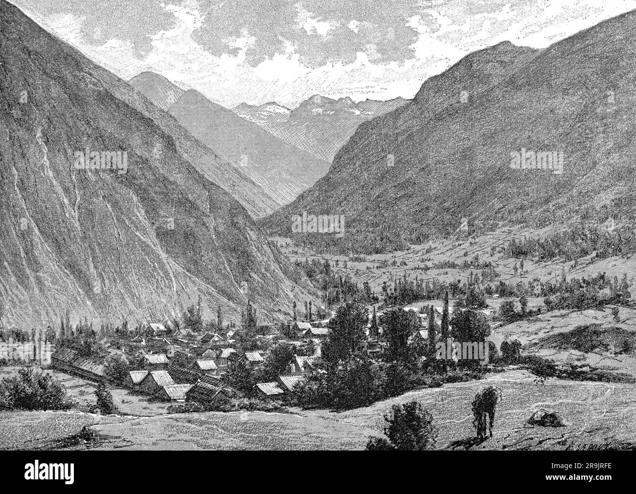 Une illustration de la Vallée d'Oô, datant de la fin du 19th siècle, est entourée par les hauts sommets des Pyrénées où la neige peut être vue la plupart de l'année, elle est proche de la ville française de Bagnères de Luchon dans le département de la haute-Garonne dans la région occitanie du sud-ouest de la France. Banque D'Images
