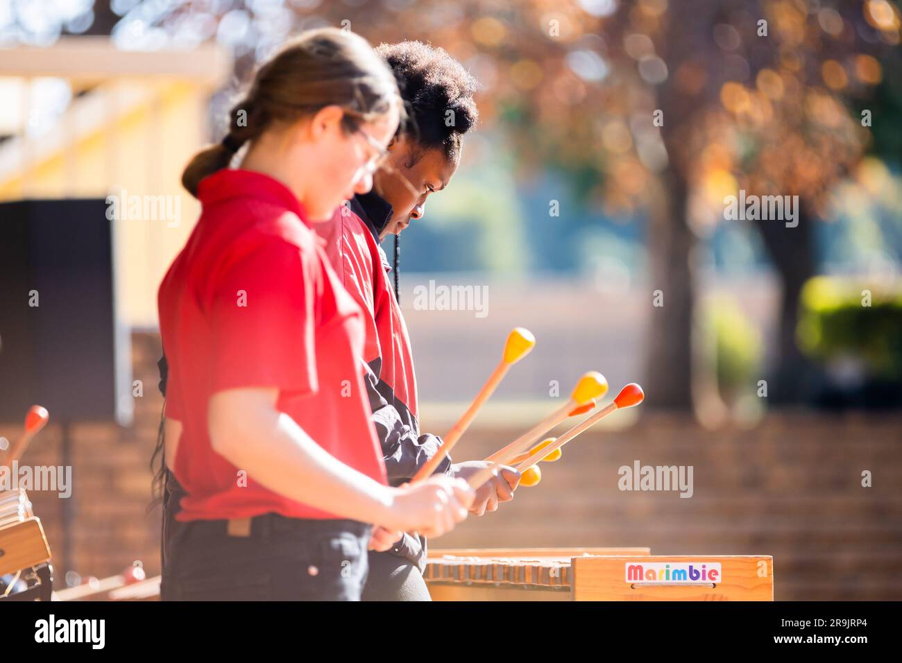 Pretoria, Afrique du Sud. 27th juin 2023. Les enfants jouent de la musique avant la visite du ministre des Affaires étrangères Baerbock à l'école internationale allemande de Pretoria. Credit: Christoph Soeder/dpa - ATTENTION: Seulement pour une utilisation éditoriale dans le cadre du rapport actuel et seulement avec la mention complète de la Credit/dpa/Alay Live News ci-dessus Banque D'Images