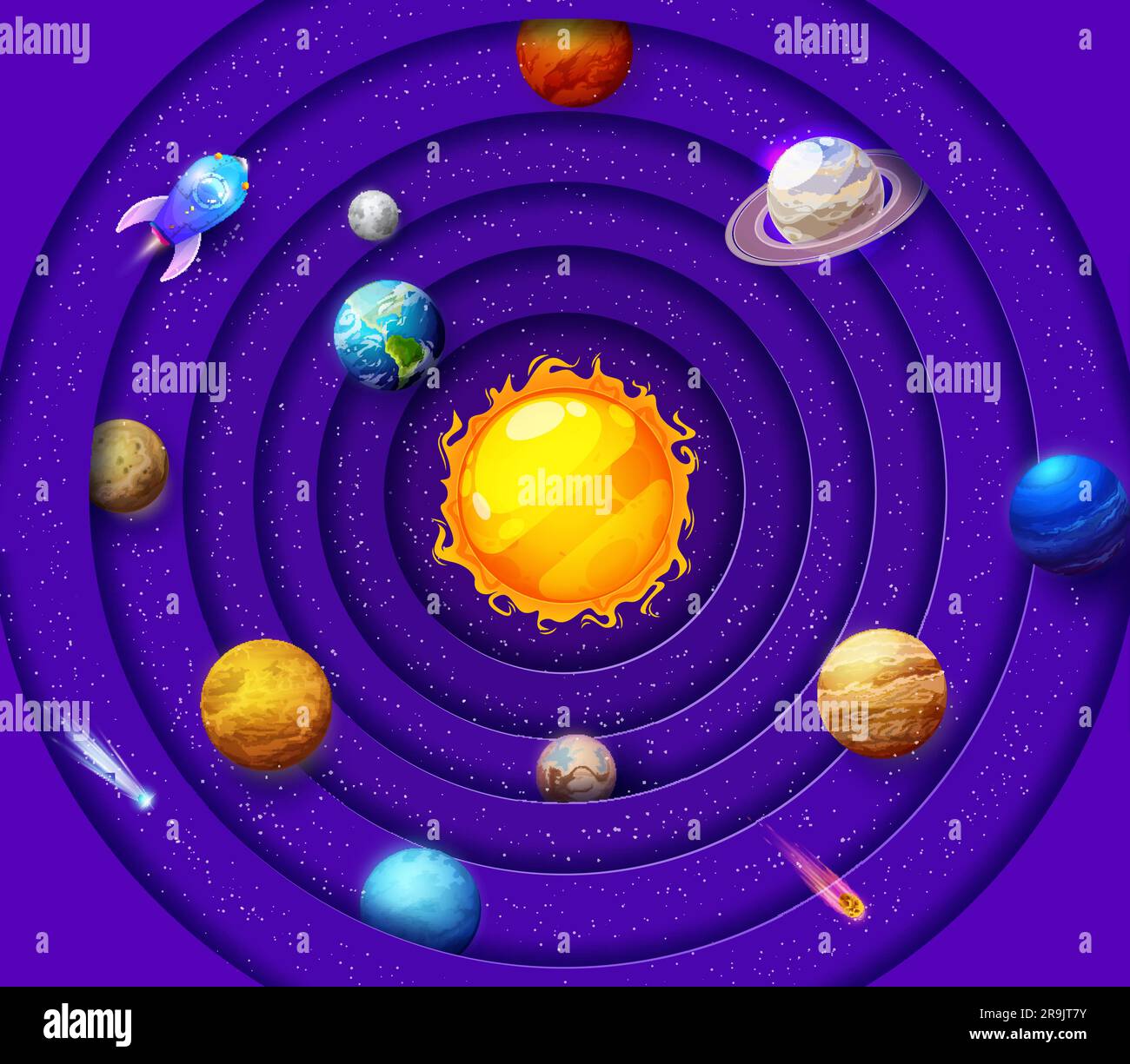 Système solaire de papier découpé espace infographics avec la planète terre, le soleil et les étoiles, le vecteur de feuille de papier de dessin animé. Système solaire dans le ciel galaxie ou enseignement de l'astronomie avec des fusées et des planètes coupées en papier Illustration de Vecteur