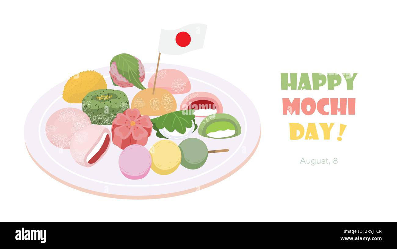 Mochi sur la plaque. Bannière, carte ou affiche Happy Mochi Day. Gâteau sucré de riz japonais traditionnel avec pâte de haricots rouges. Illustration vectorielle isolée sur Illustration de Vecteur