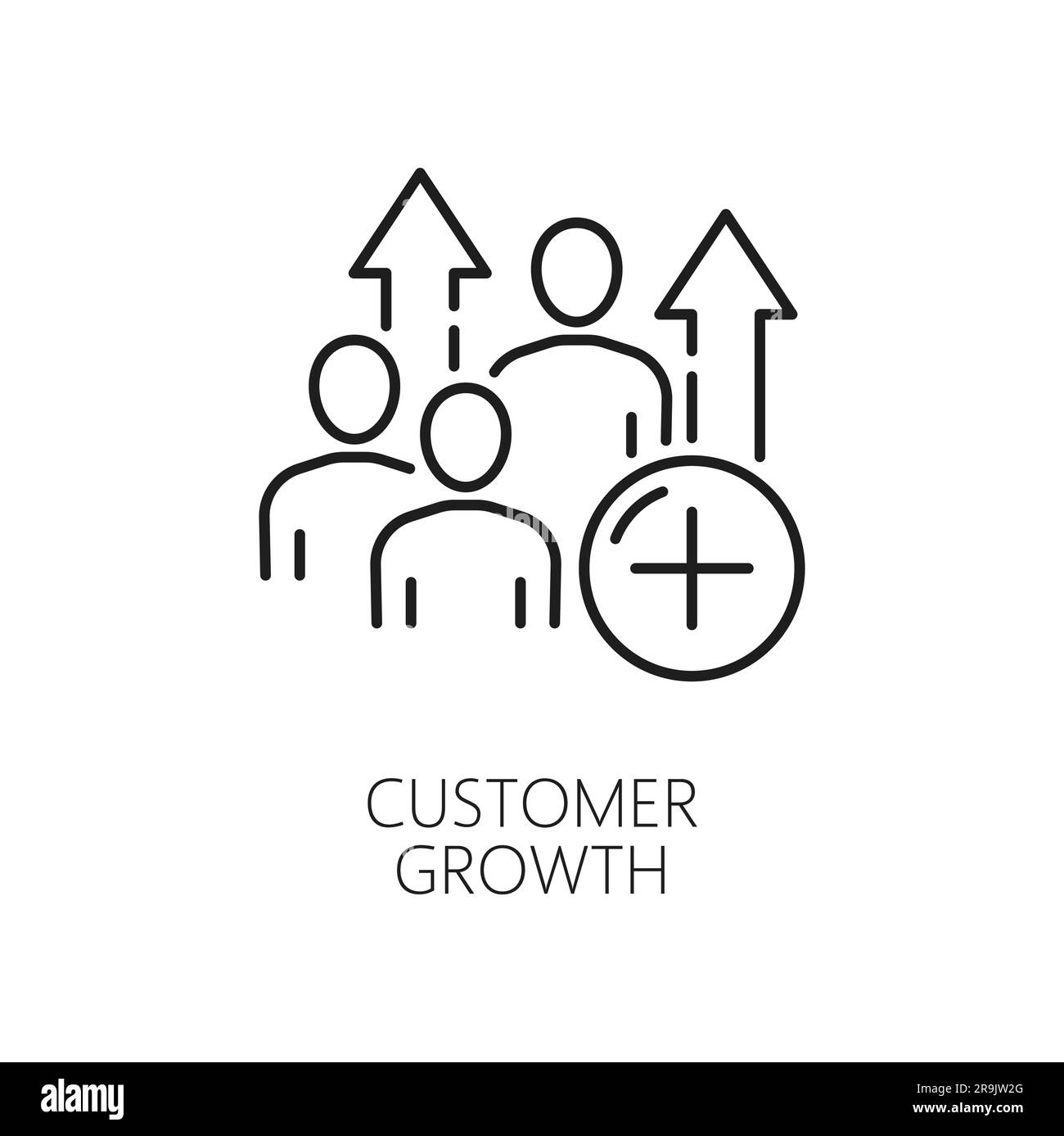 Croissance des clients. CAN. Icône de réseau de diffusion de contenu, blog ou portail Web utilisateurs de contenu, technologie de mise en réseau, système de publication de médias Web et symbole de vecteur ligne mince CDN avec chiffres de personnes, flèche vers le haut Illustration de Vecteur