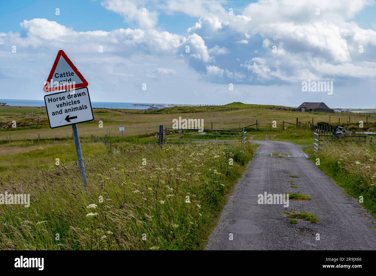 Véhicules tirés par des chevaux et panneaux routiers d'animaux près de la colonie de Vaul, île de Tiree. Banque D'Images