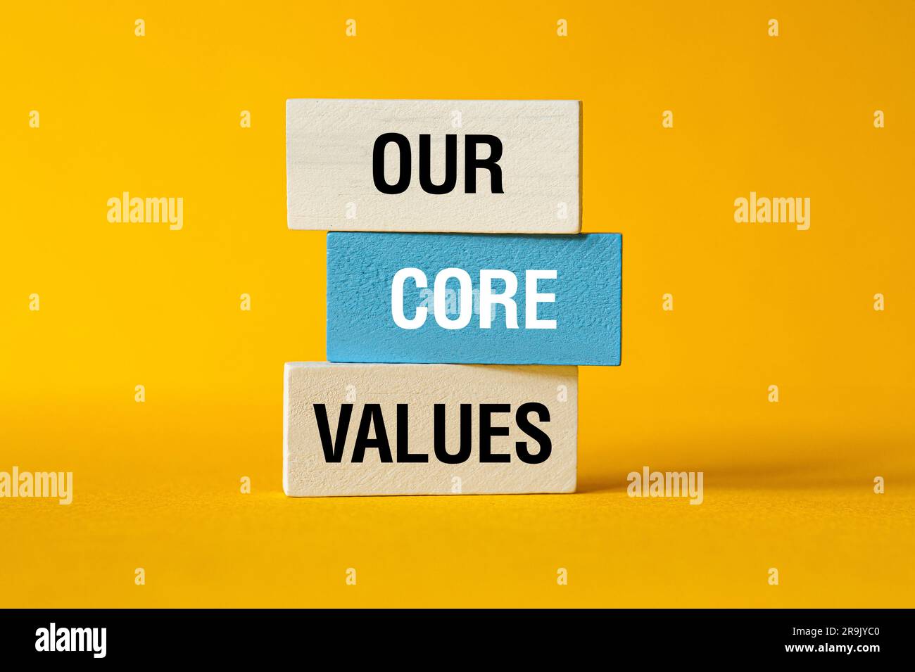 Nos valeurs fondamentales - concept de mot sur les blocs de construction, le texte, les lettres Banque D'Images