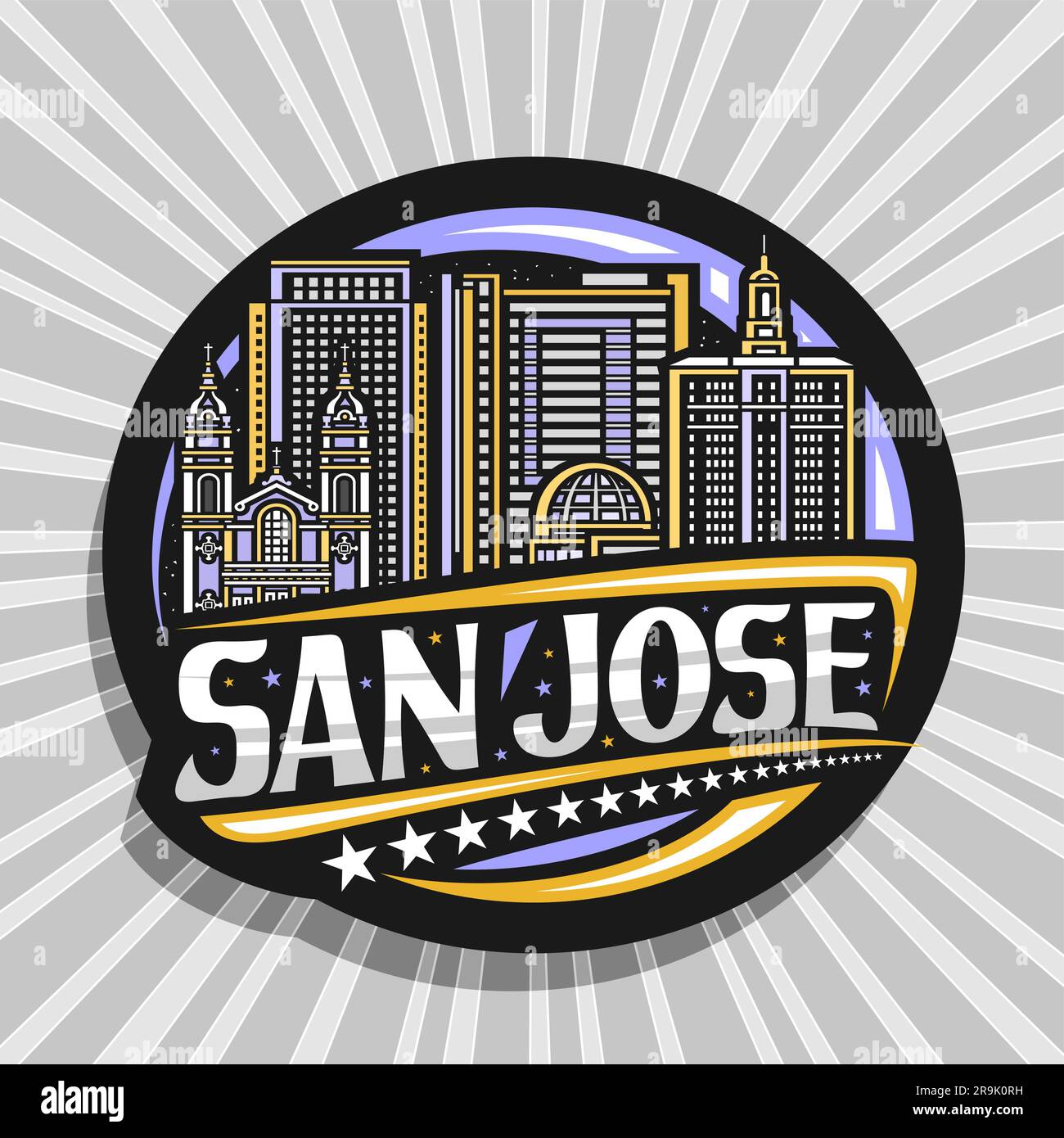 Logo Vector pour San Jose, étiquette décorative foncée avec illustration du paysage urbain californien éclairé sur fond de ciel crépuscule, design artistique rond refri Illustration de Vecteur