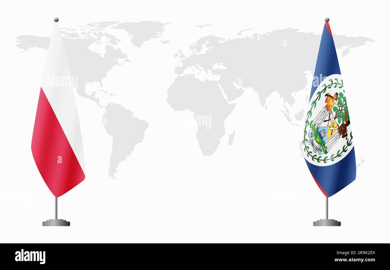 Drapeaux de la Pologne et du Belize pour une réunion officielle sur fond de carte du monde. Illustration de Vecteur