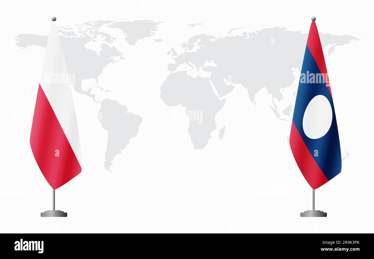 Drapeaux de la Pologne et du Laos pour une réunion officielle sur fond de carte du monde. Illustration de Vecteur