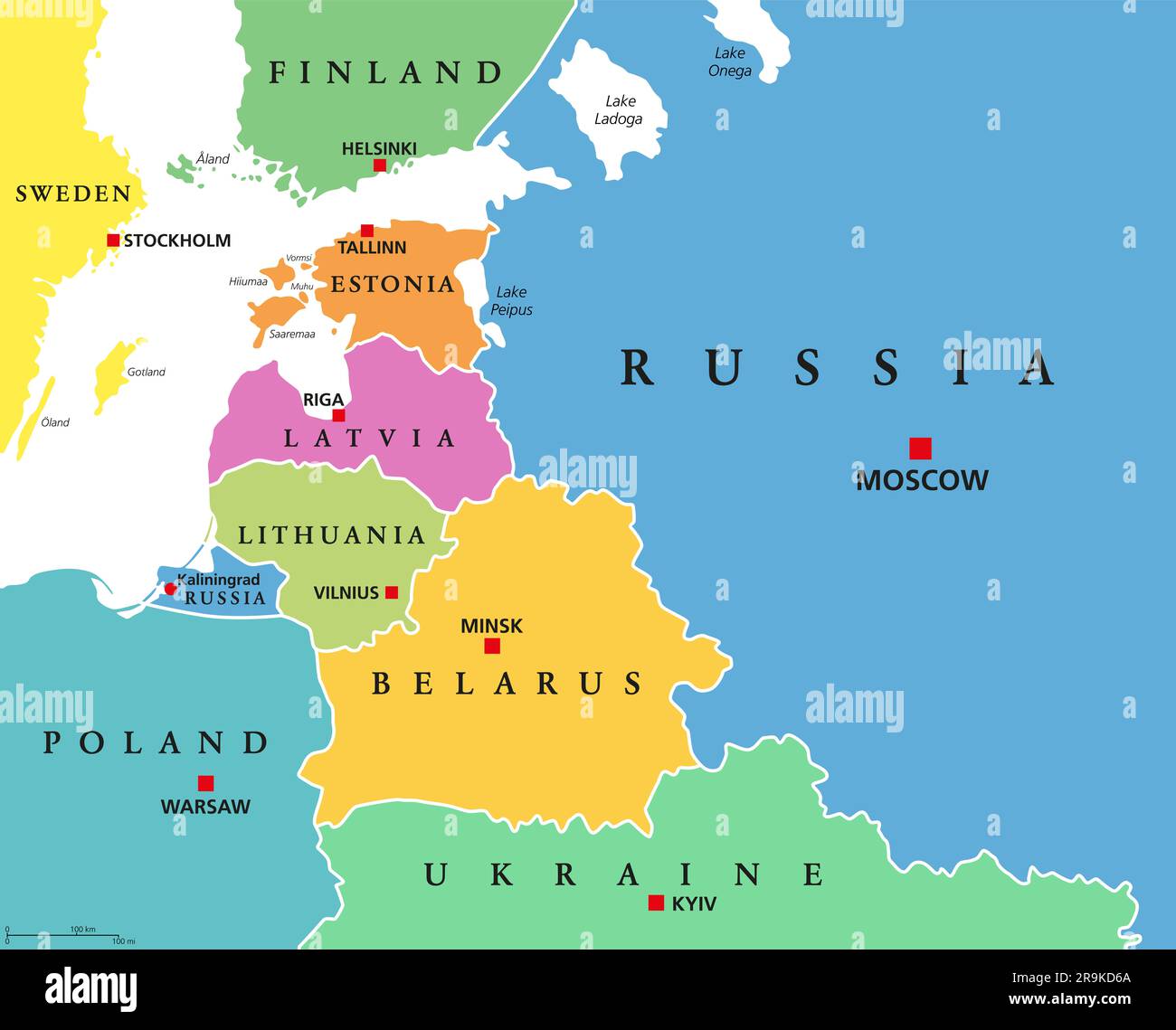 Etats baltes, pays colorés, carte politique. De la Finlande à l'Estonie, de la Lettonie et de la Lituanie à la Pologne, et de Kaliningrad à la Biélorussie. Banque D'Images