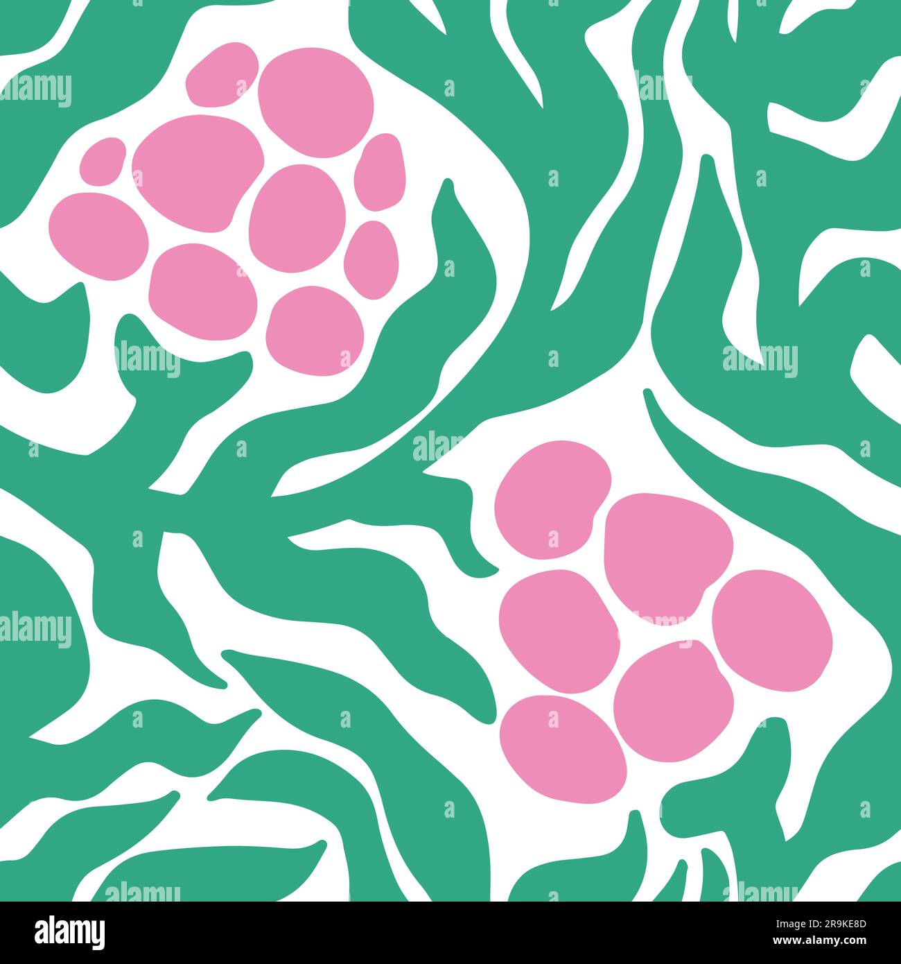Matisse esthétique Berry sans couture. Abstrait Doodle Curves feuilles et baies dans le style naïf hippie 1970. Motif floral groovy en vert et rose pour t-shirts, papiers peints, étui pour téléphone. Illustration de Vecteur