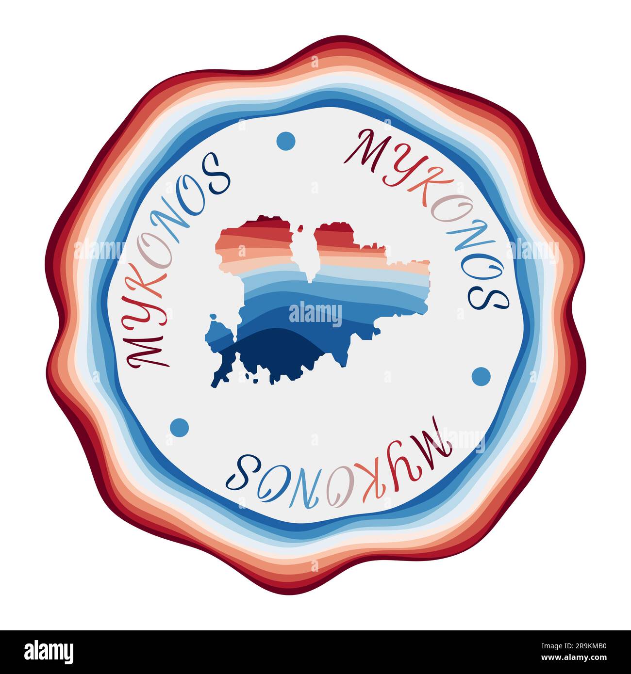 Badge Mykonos. Carte de l'île avec de belles vagues géométriques et un cadre rouge et bleu vif. Logo Mykonos rond vif. Illustration vectorielle. Illustration de Vecteur