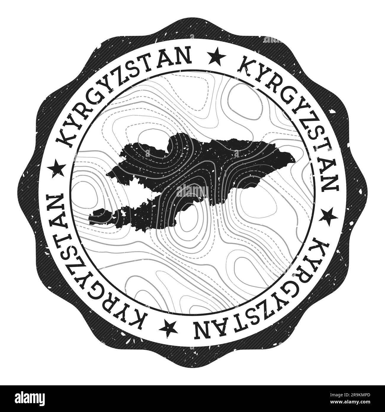 Timbre extérieur du Kirghizistan. Autocollant rond avec carte du pays avec isolignes topographiques. Illustration vectorielle. Peut être utilisé comme insigne, logotype, étiquette, Illustration de Vecteur