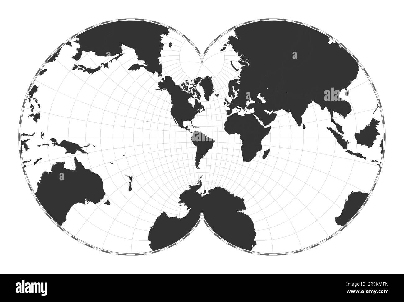Carte du monde vectorielle. Projection conforme d'Eisenlohr. Carte géographique du monde simple avec les lignes de latitude et de longitude. Centré sur 60 degrés E de longitude. Illustration de Vecteur