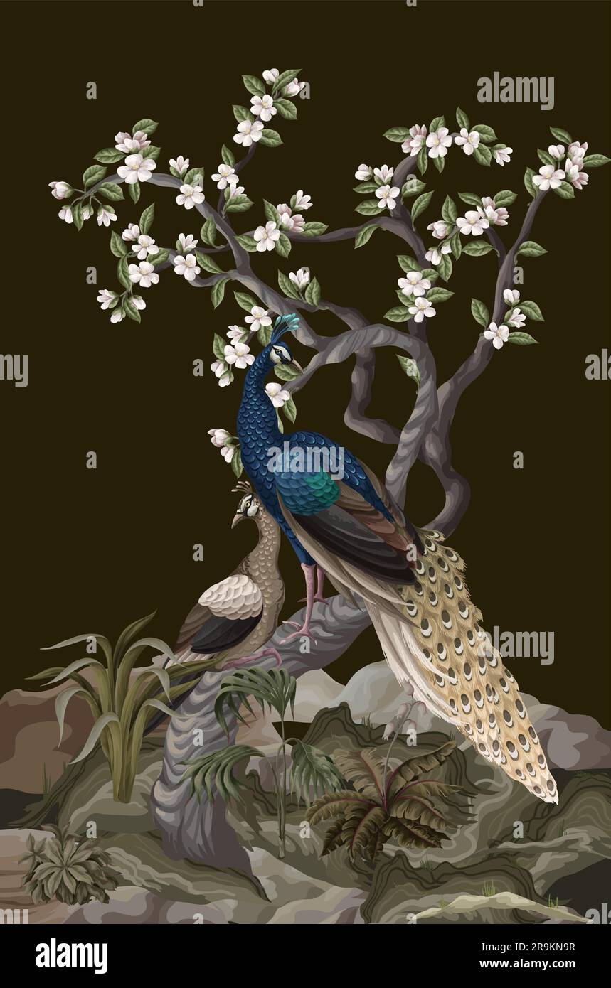 Fresque de Chinoiserie avec paons et fleurs d'arbres. Vecteur. Illustration de Vecteur