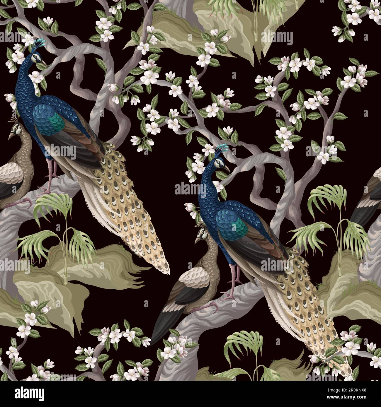 Motif chinoiserie sans couture avec paons et fleurs d'arbres. Vecteur. Illustration de Vecteur
