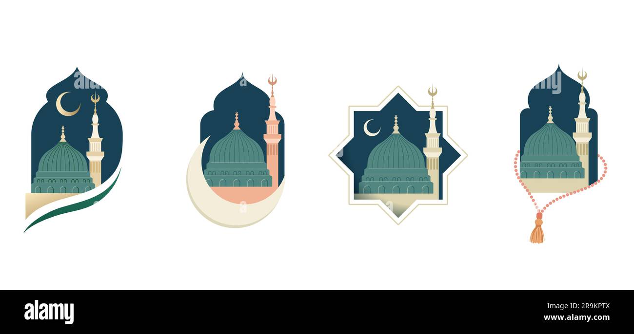 Mawlid al-Nabi, bannière d'anniversaire du prophète Mahomet, affiche et carte de vœux avec le Dôme vert de la mosquée du prophète Illustration de Vecteur