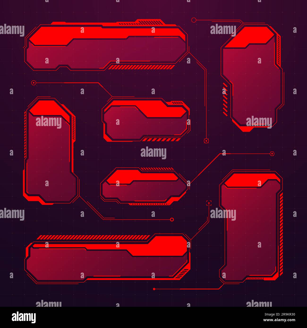 Éléments HUD ou UI futuristes rouges. Zones de texte et légendes de l'interface utilisateur SCI-fi. Cadres de message d'avertissement, modèle de zones d'information. Jeu moderne Illustration de Vecteur