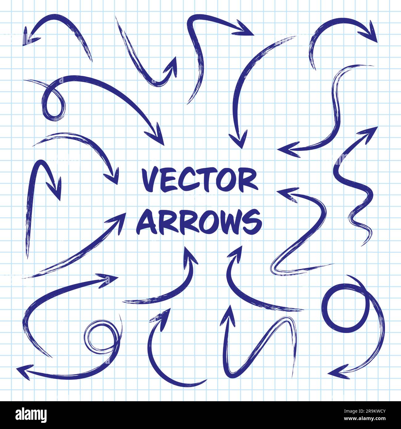 Meuler les flèches tracées à la main sur la feuille de papier à carreaux. Carnet scolaire pour le dessin. Icône de flèche Doodle, silhouettes de pointeur monochrome simples. Contour Illustration de Vecteur