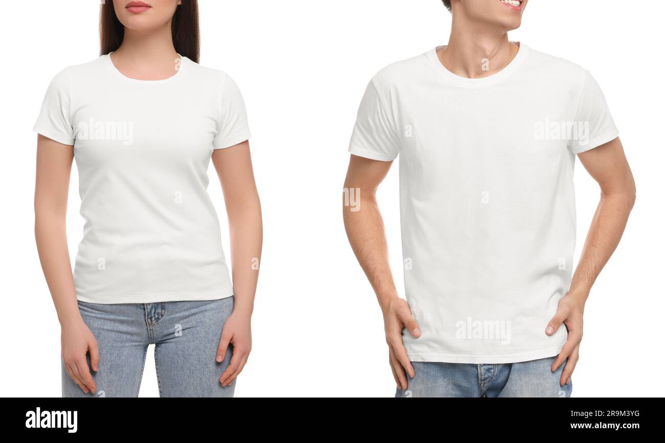 Personnes portant des t-shirts décontractés sur fond blanc, gros plan. Maquette pour le design Banque D'Images