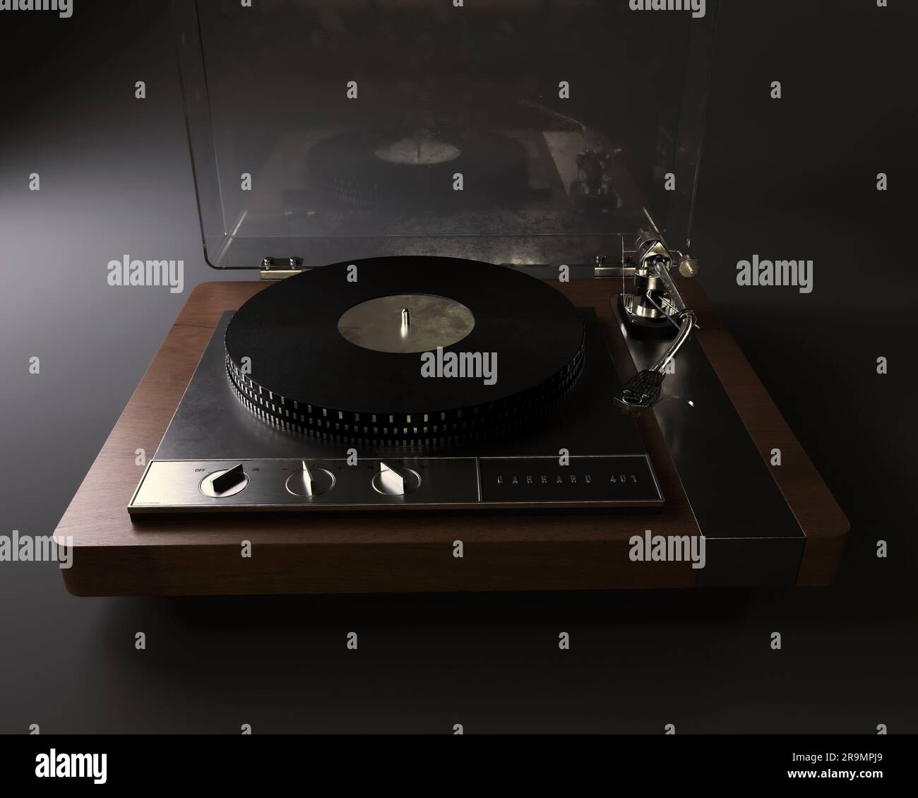 Un rendu en 3D d'un joueur de disque de sellette Garrard 401 avec un bras de ton SME dans un cadre moody - 18 janvier 2023 à Bristol, Royaume-Uni Banque D'Images