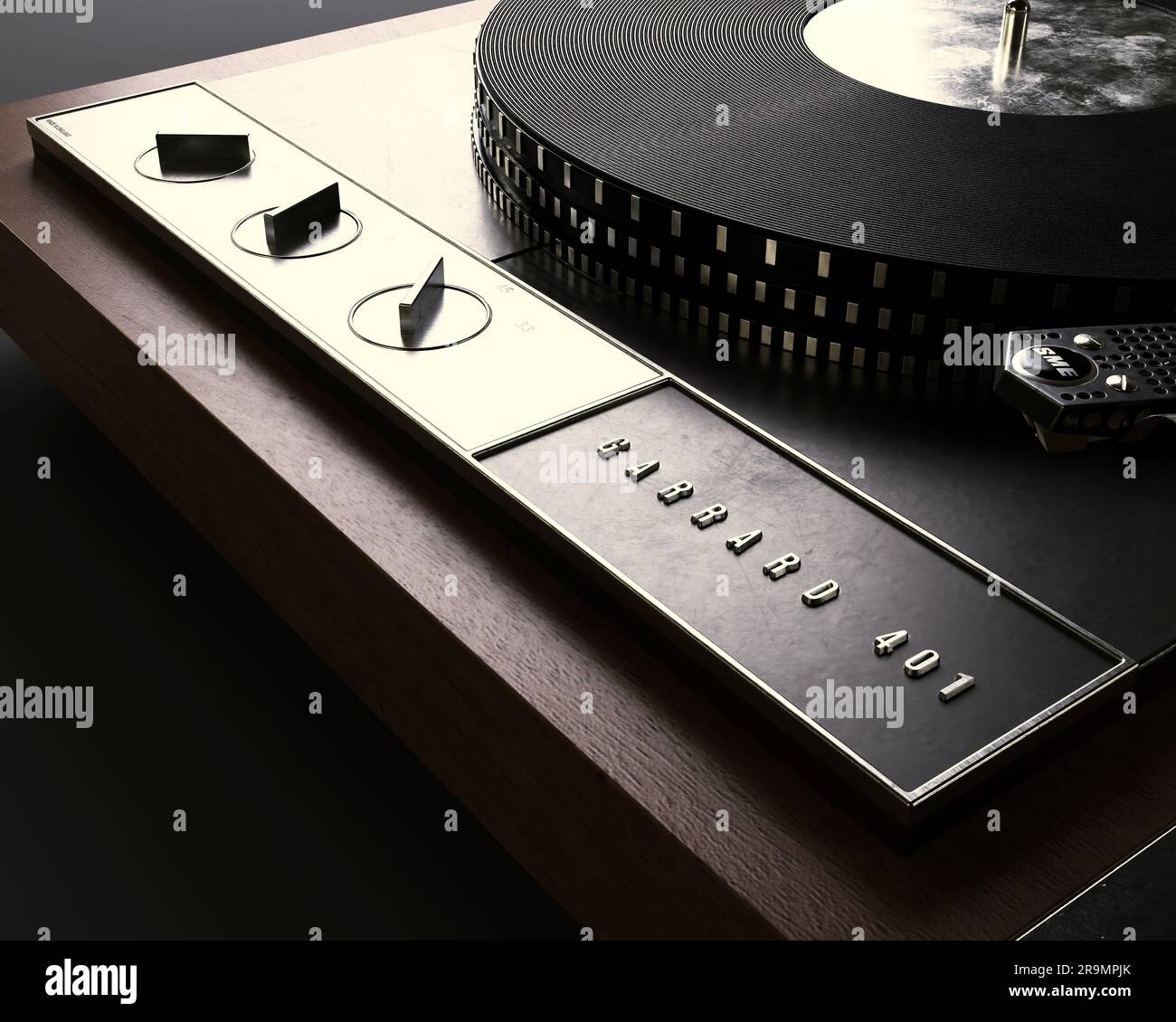 Un rendu en 3D d'un joueur de disque de sellette Garrard 401 avec un bras de ton SME dans un cadre moody - 18 janvier 2023 à Bristol, Royaume-Uni Banque D'Images