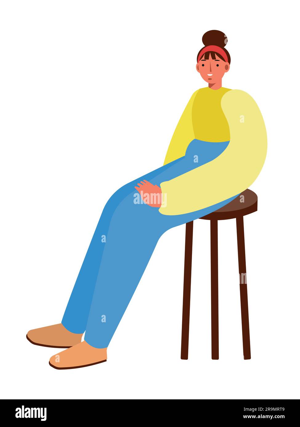 Femme assise sur un haut tabouret. Calme, posture confortable, pantalon féminin et veste à manches longues. Illustration de vecteur isolé avec des proportions déformées. Illustration de Vecteur