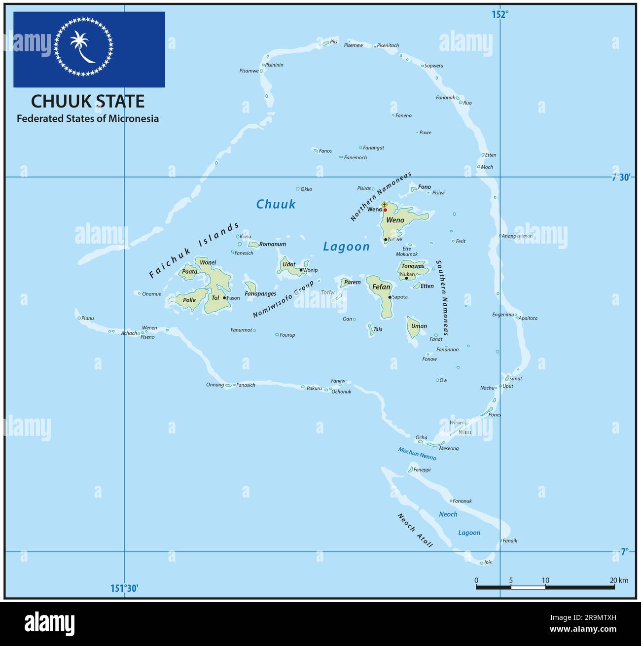 Carte vectorielle de l'État de Chuuk, États fédérés de Micronésie Banque D'Images