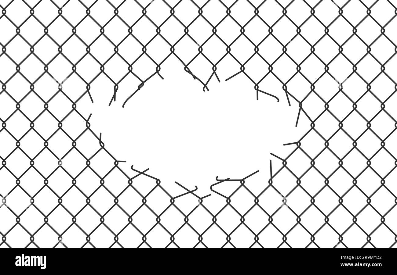 Grille de treillis métallique cassée. Clôture Rabitz ou chaînette avec trou découpé. Texture de maille de pirson de fil déchiré. Couper la grille en treillis métallique. Illustration vectorielle isolée Illustration de Vecteur