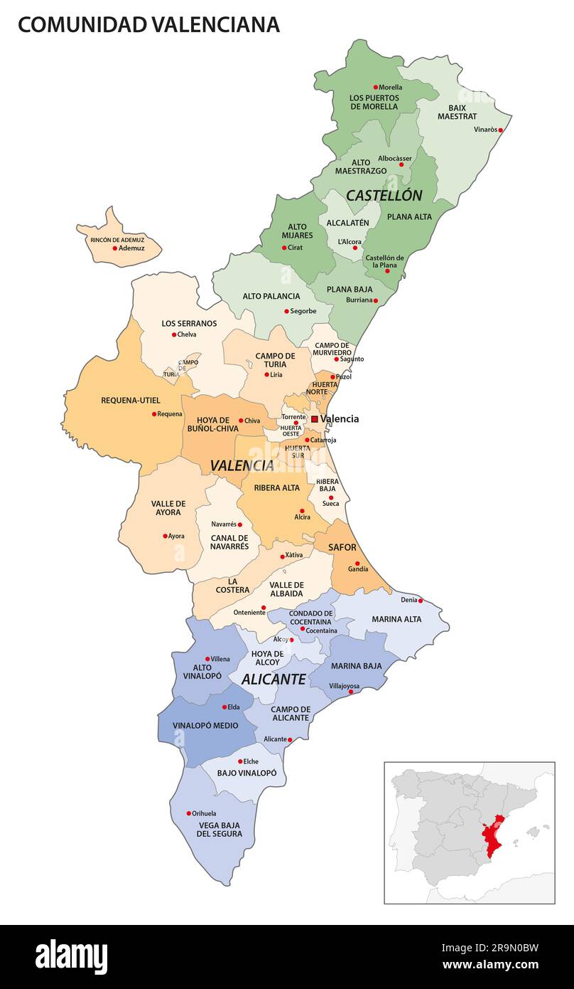 Carte administrative des régions de la Communauté autonome espagnole de Valence Banque D'Images