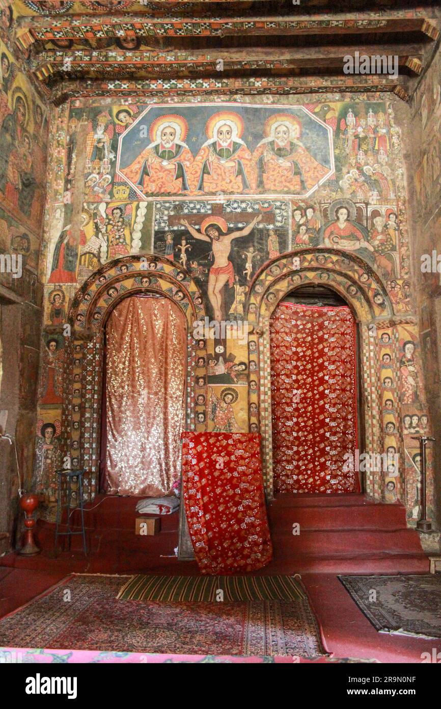 L'Afrique, l'Ethiopie, Gondar, plafond peint dans l'église de Debre Birhan Sélassié peinture de 80 visages angélique Banque D'Images
