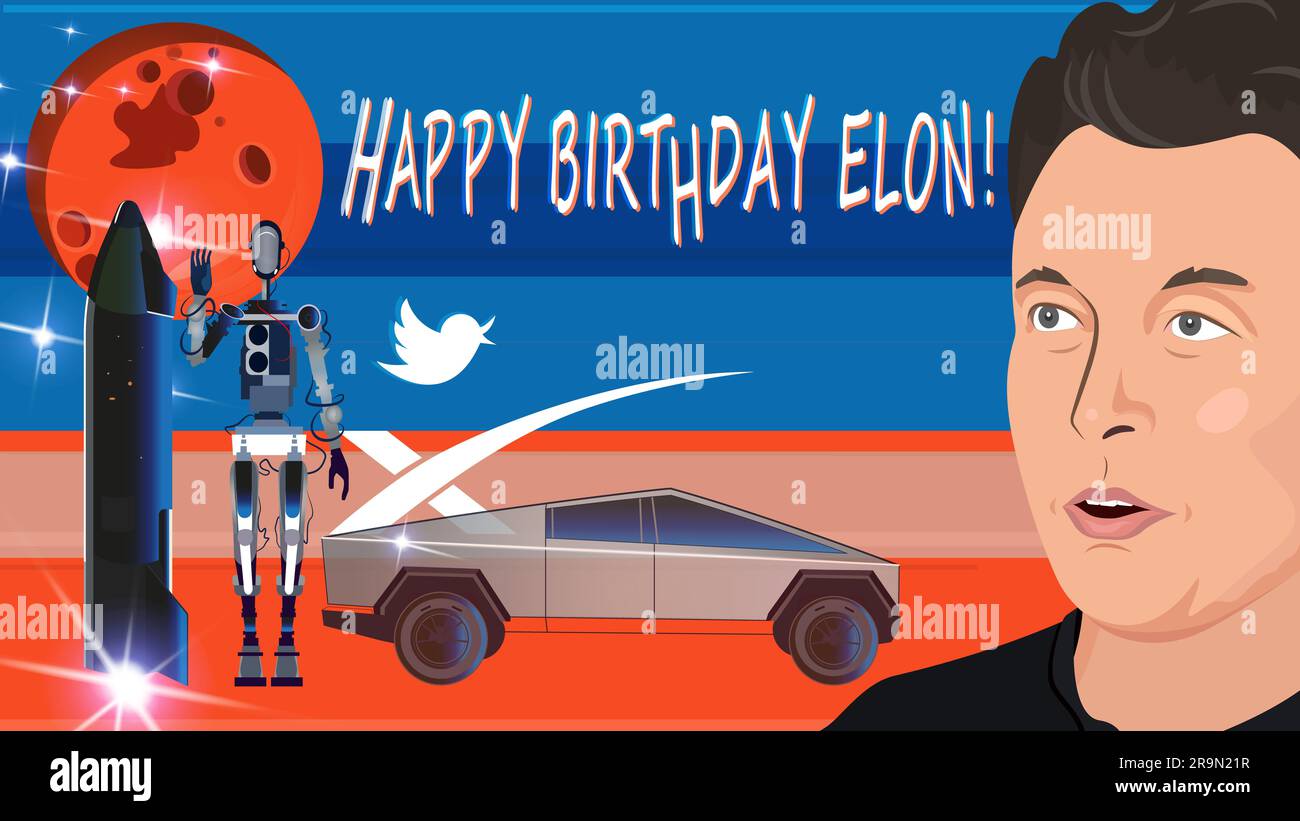 Joyeux anniversaire Elon. Elon Musk portrait, Tesla Bot, logo Twitter, Tesla CyberTruck. Banque D'Images