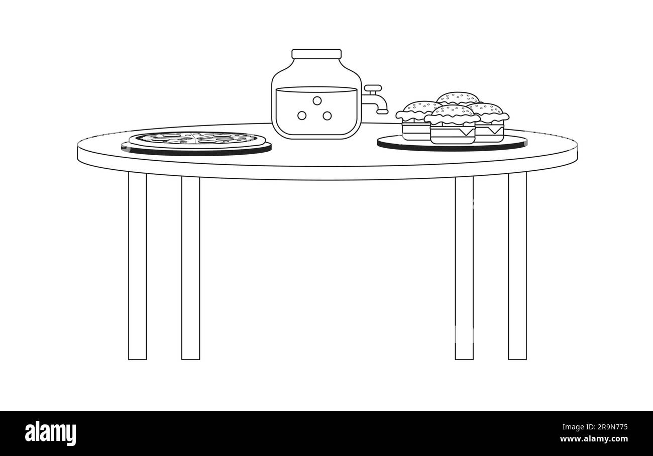 Fastfood de fête et boîte à punch avec robinet sur table monochrome plat vecteur objet Illustration de Vecteur