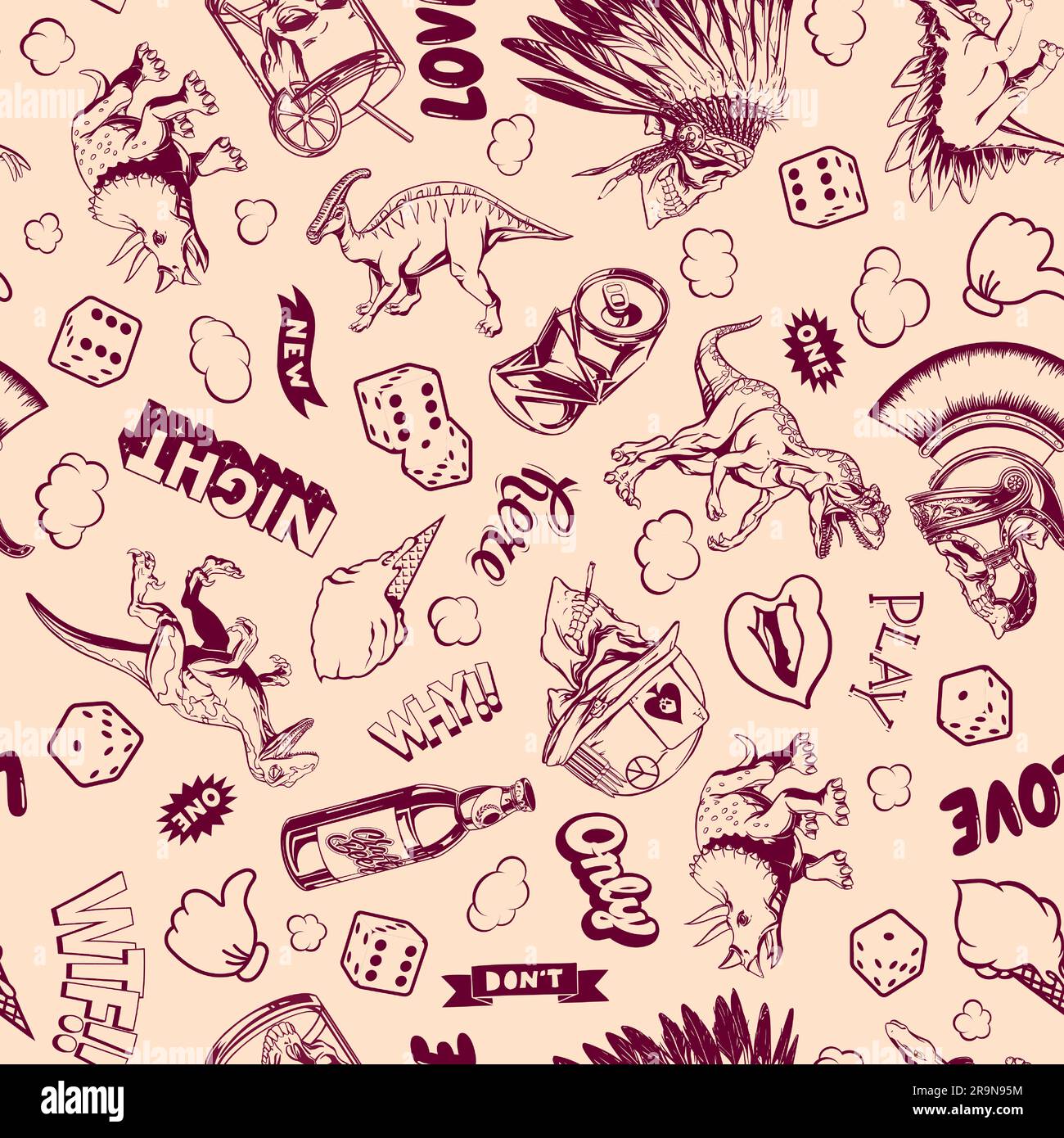 Motif pop-art rose des dinosaures, crânes, dés pour l'impression et le design. Illustration vectorielle. Illustration de Vecteur