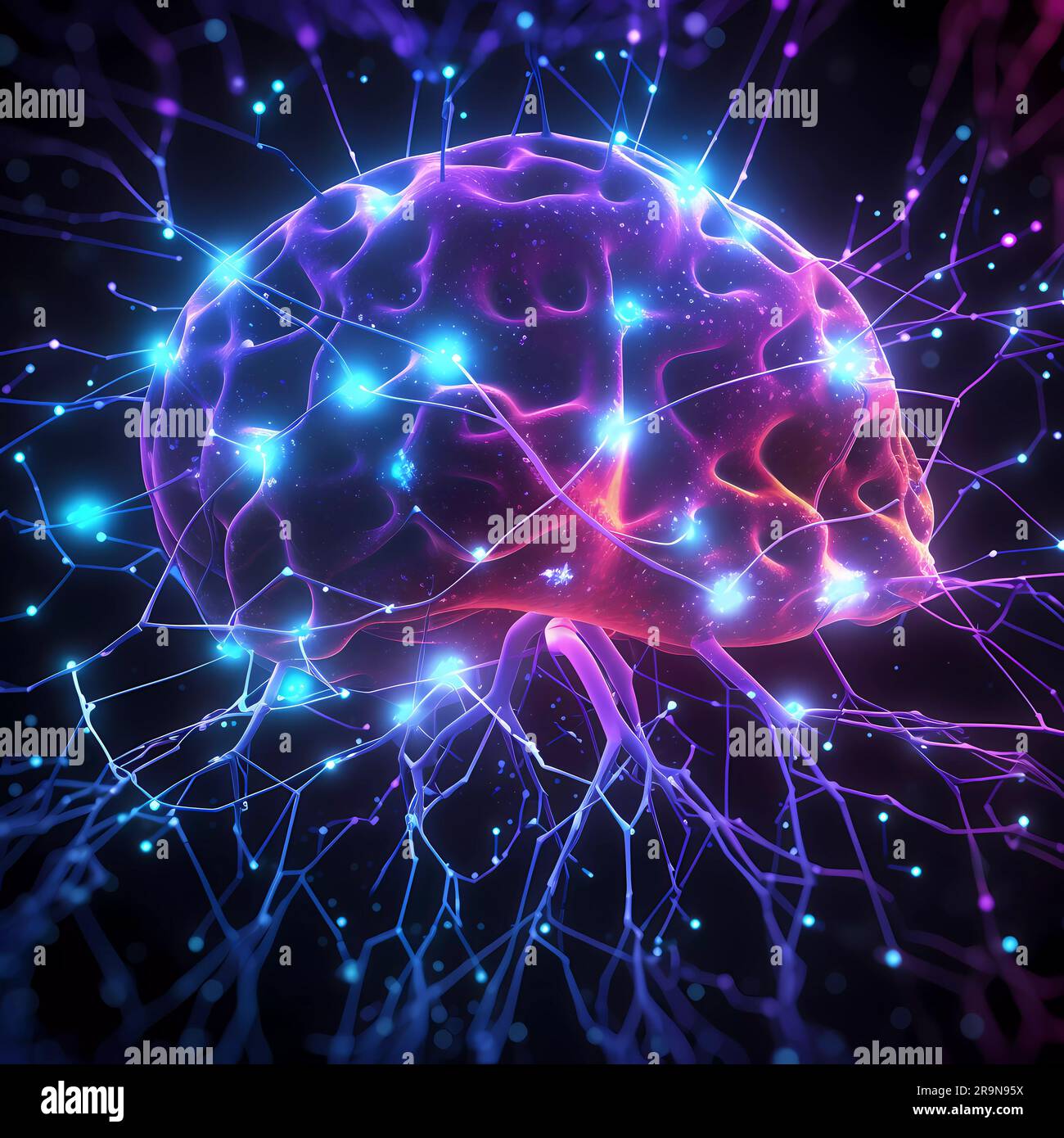 Image d'un cerveau avec des neurones lumineux Banque D'Images