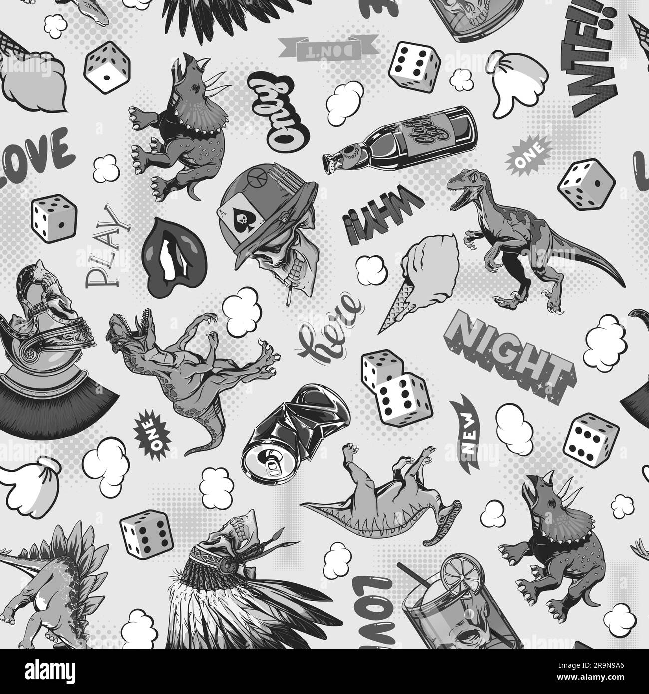 Motif pop Art avec dinosaures, crânes, dés pour un imprimé et un motif. Illustration vectorielle. . Illustration de Vecteur