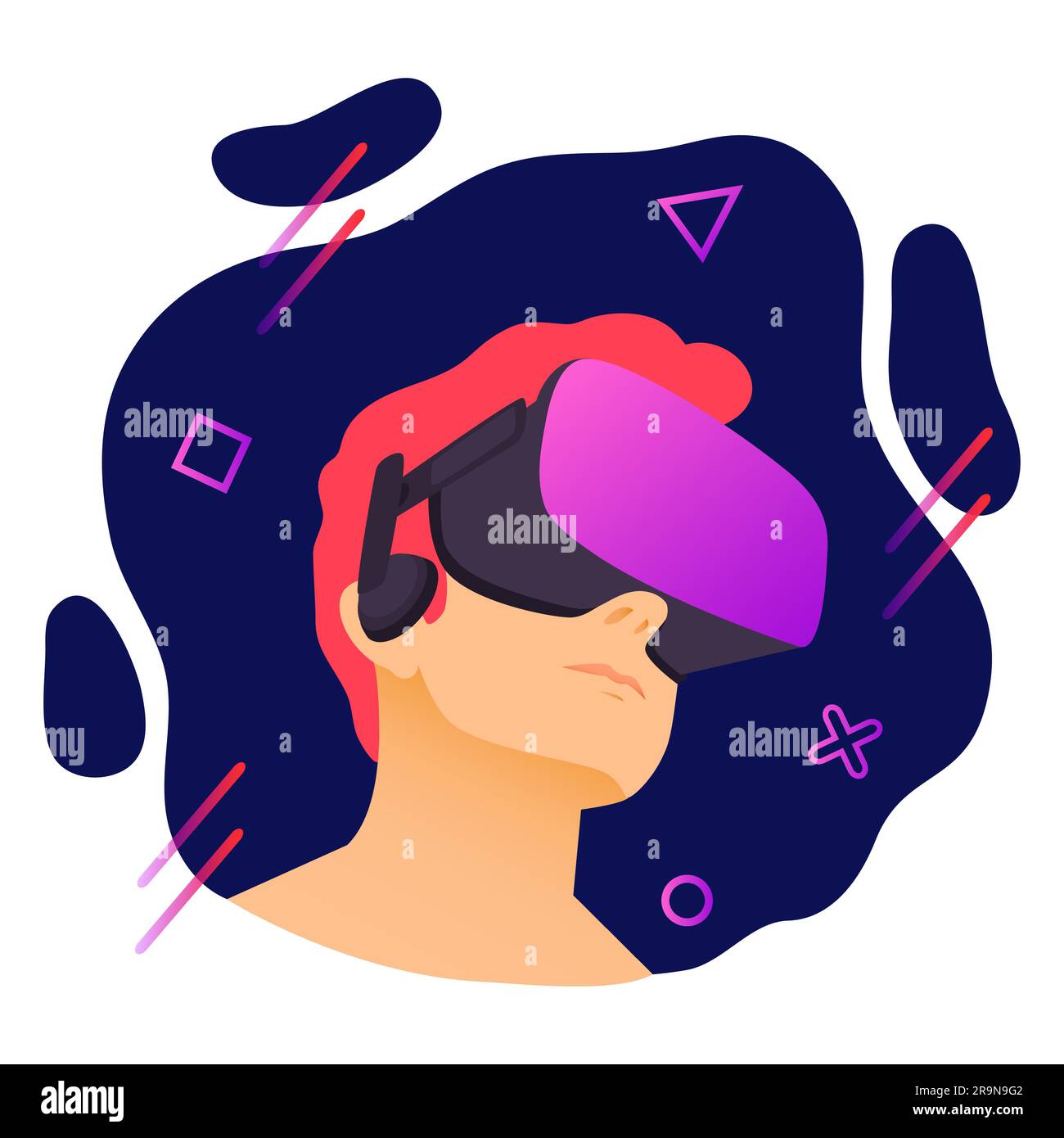 Illustration vectorielle d'un homme portant un casque de réalité virtuelle. Illustration VR moderne abstraite avec éléments géométriques de style plat Illustration de Vecteur