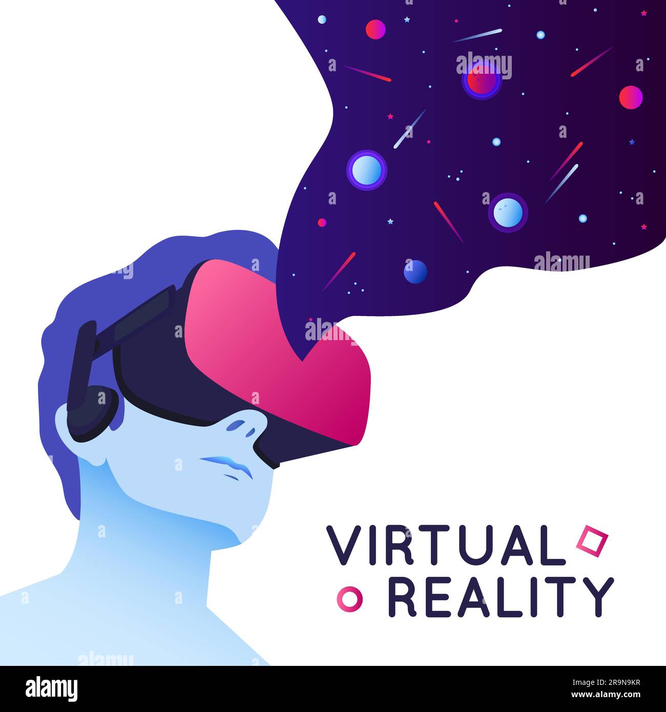 Illustration vectorielle d'un homme portant un casque de réalité virtuelle. Illustration VR moderne abstraite avec éléments spatiaux de style plat Illustration de Vecteur