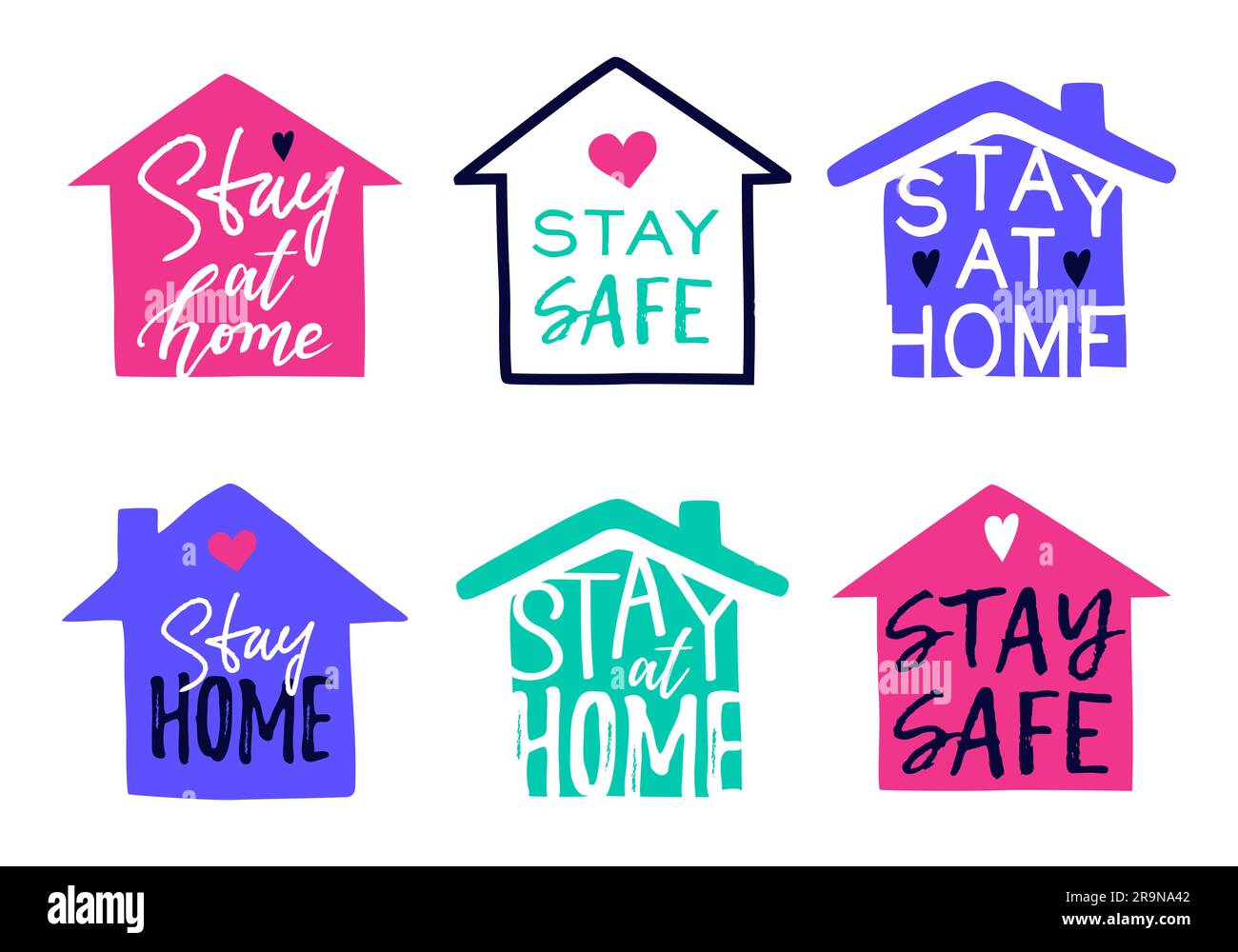 Ensemble vectoriel de maisons et rester à la maison, rester en sécurité lettrage typographie isolée sur blanc. Autocollants, affiches, icônes ou symboles de motivation tendance pour soi-même q Illustration de Vecteur