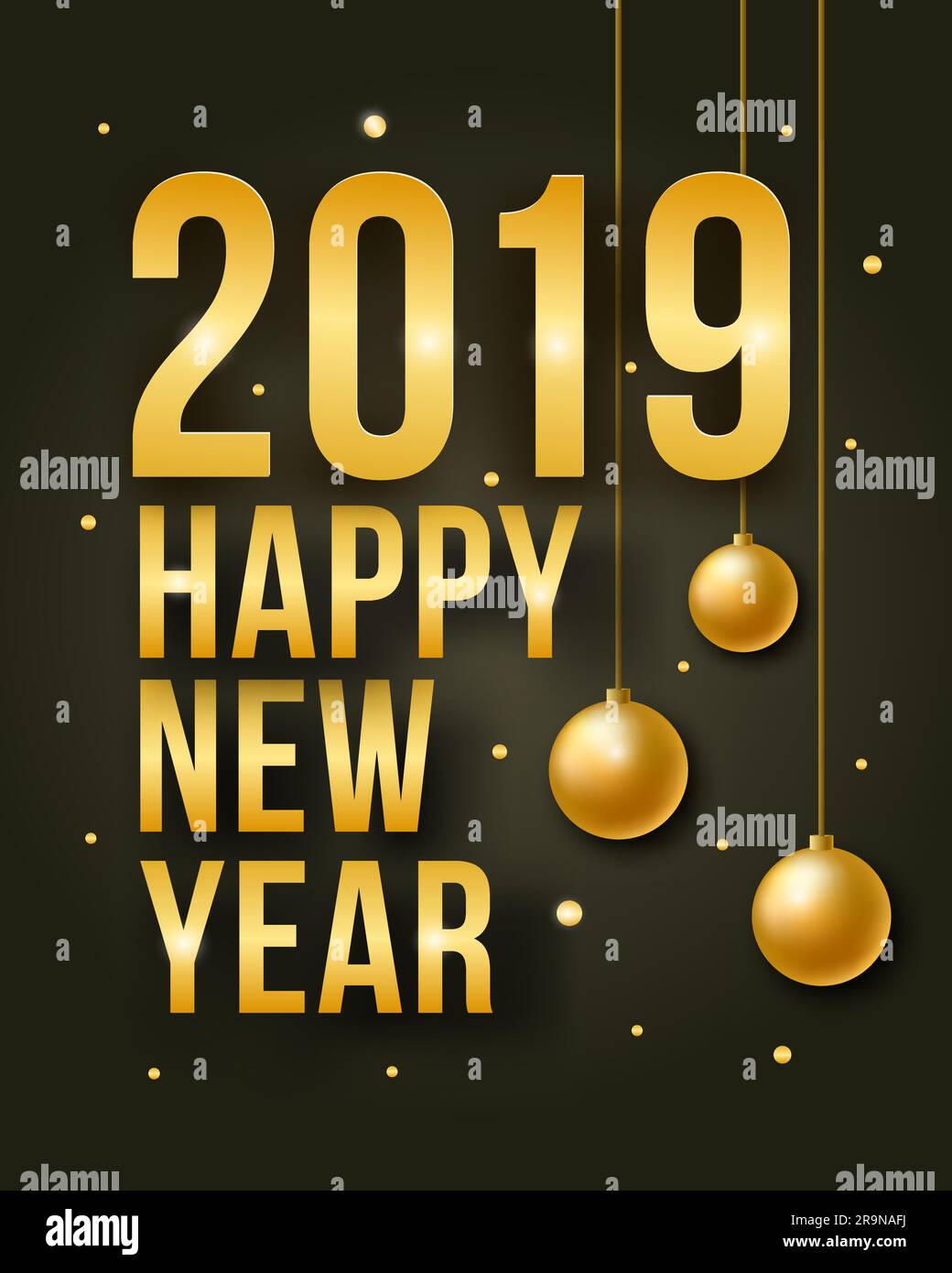 Illustration Vector Happy New Year avec 2019. Golden numéros brillants avec confettis et boules Illustration de Vecteur