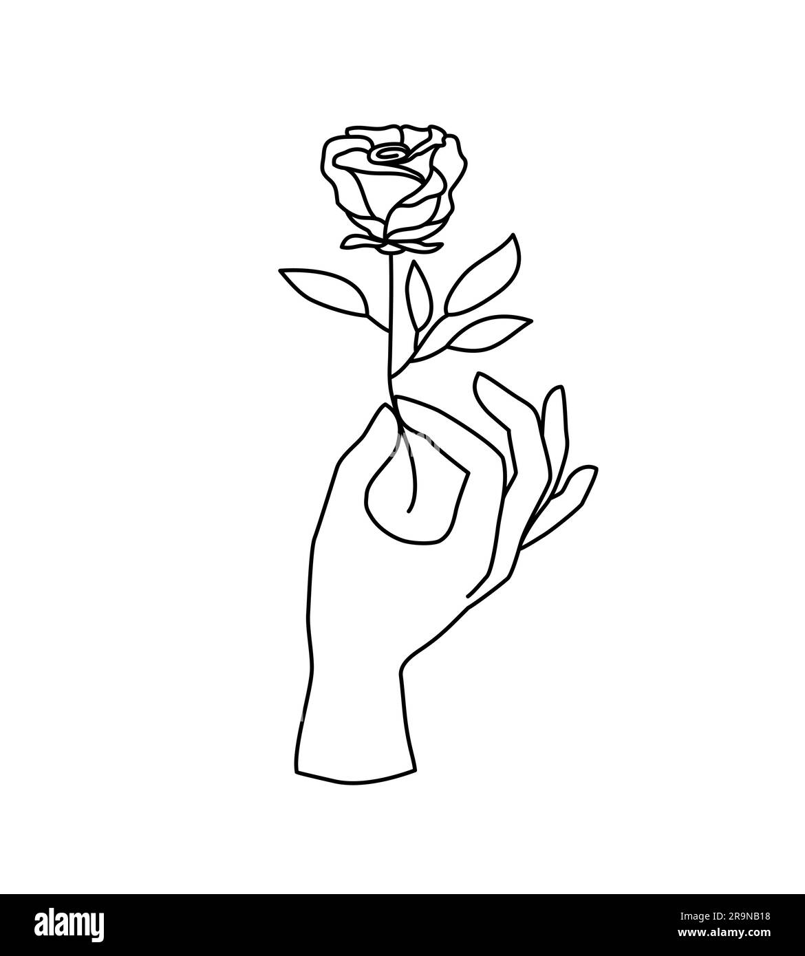 Logo de main femelle Vector, icône dans un style linéaire minimal. Modèle de conception d'emblème avec mouvement de la main tenant fleur rose pour cosmétiques, manucure, beauté, t Illustration de Vecteur