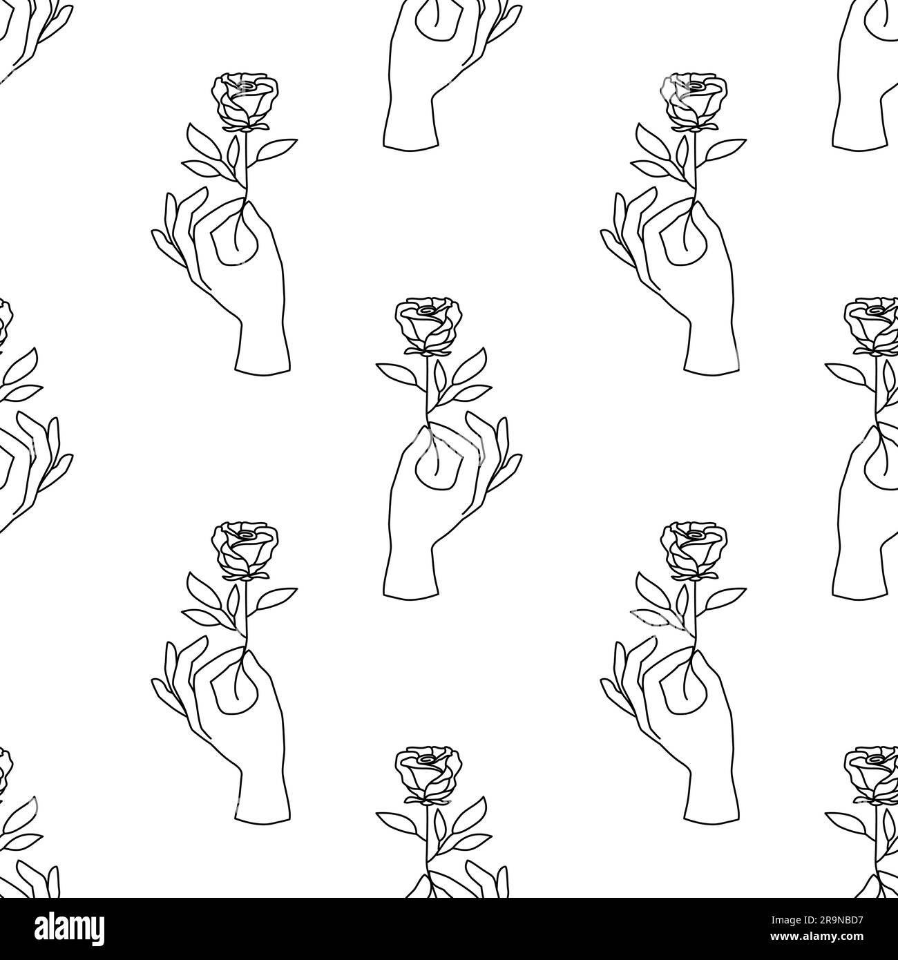 Le motif vectoriel sans couture des mains de femme est un emblème de style linéaire minimal. Arrière-plan avec geste de la main tenant fleur rose pour les cosmétiques, manucure, bea Illustration de Vecteur