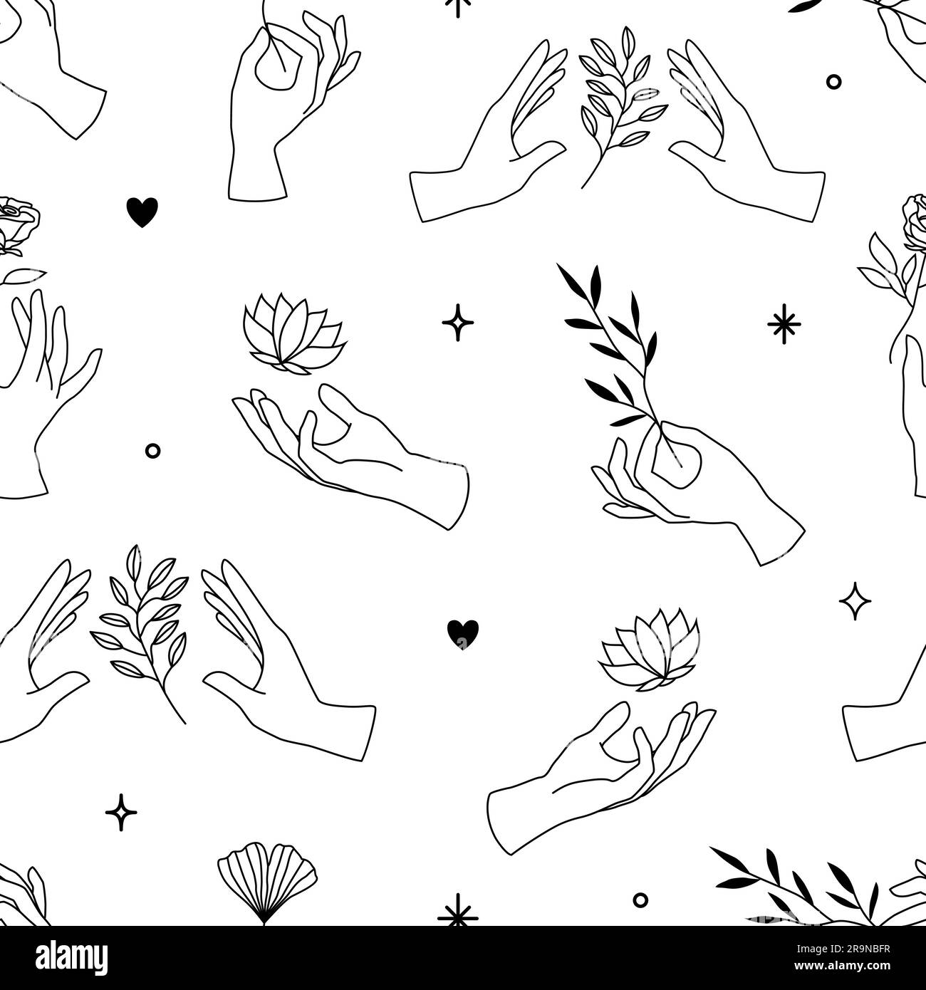 Motif vectoriel sans couture des icônes de main féminine dans un style linéaire minimal. Arrière-plans avec gestes de main, lotus, plantes pour cosmétiques, manucure, beauté, t Illustration de Vecteur