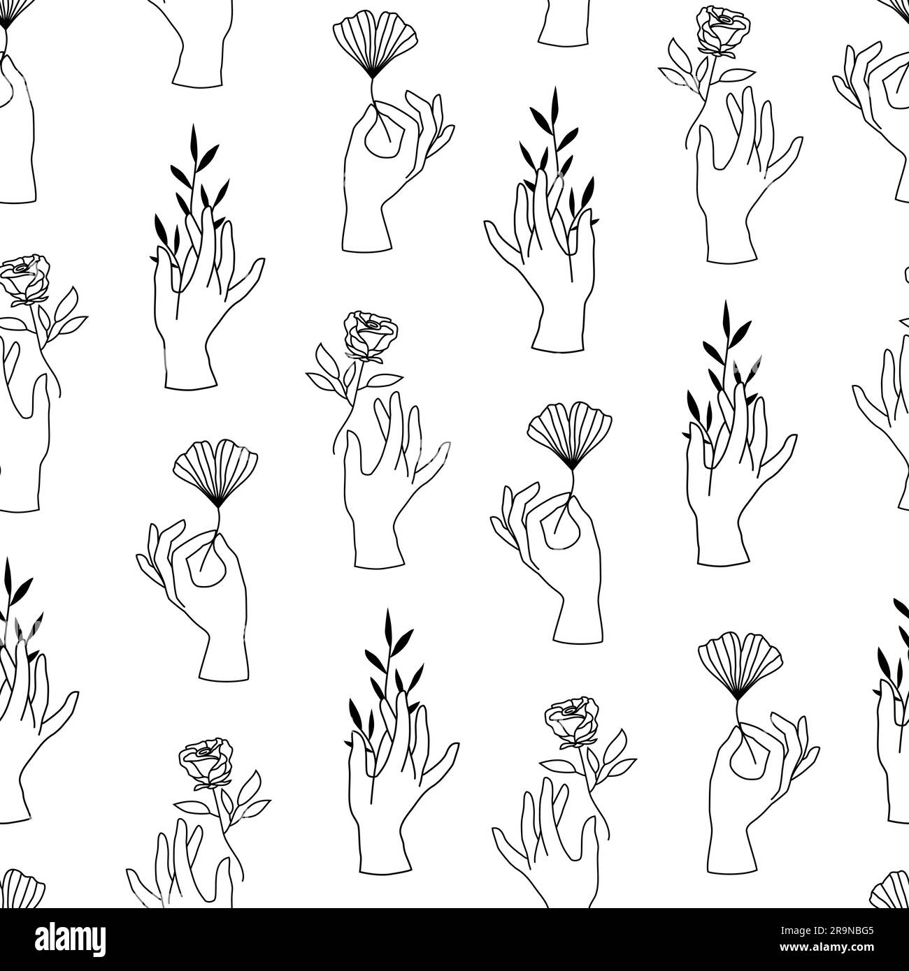 Motif vectoriel sans couture des mains de femmes dans un style linéaire minimal. Arrière-plan avec geste de la main tenant la fleur de rose, les plantes et la feuille de gingko pour cosmétique Illustration de Vecteur