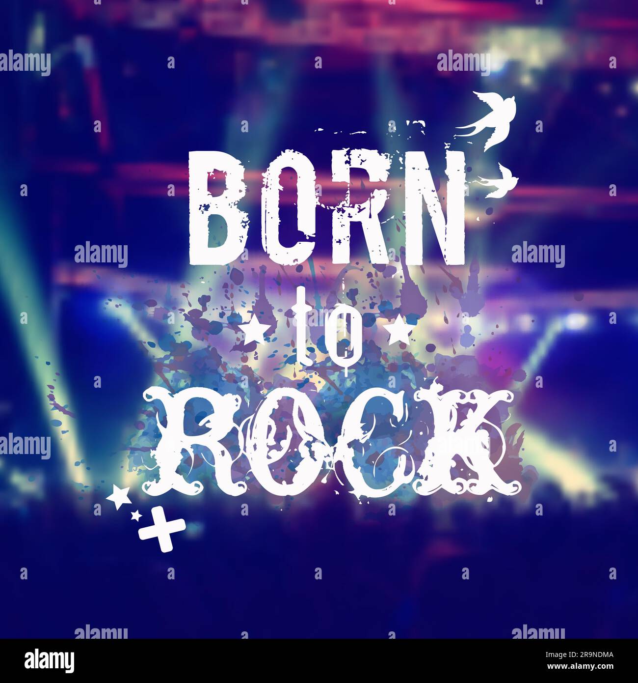 Fond vectoriel flou avec scène rock et foule. Illustration avec une touche d'aquarelle et une phrase « Born to rock ». Affiche Rock'n'roll. Illustration de Vecteur