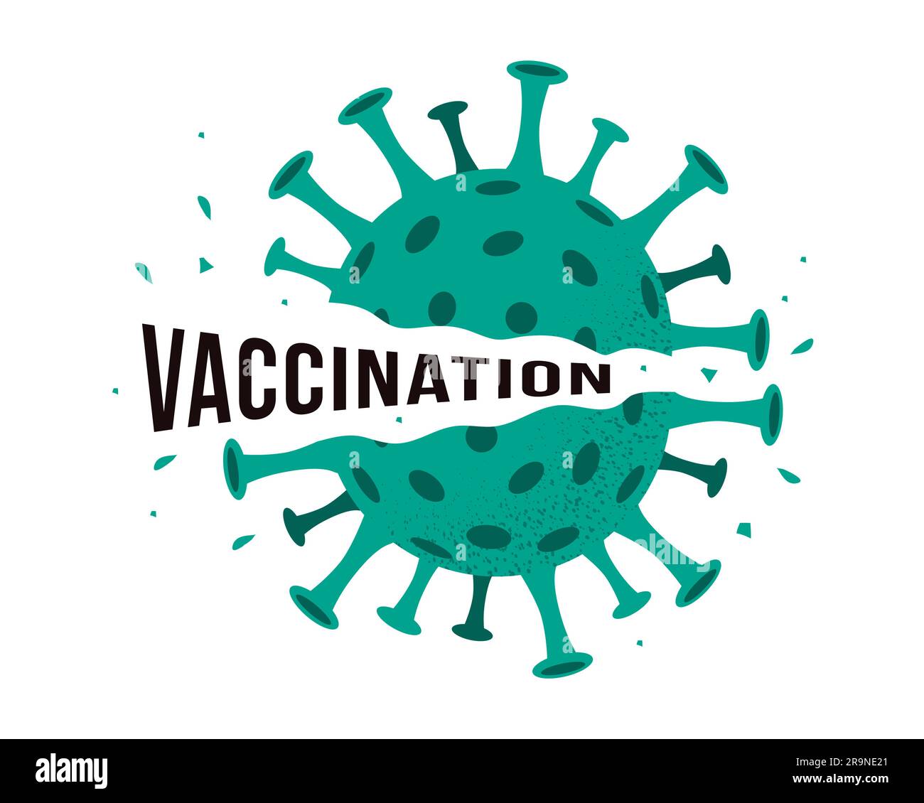 Illustration vectorielle du coronavirus détruit par la vaccination par mot. Explosion du virus brisé vaincu covid-19 isolé sur fond blanc. Victoire v Illustration de Vecteur