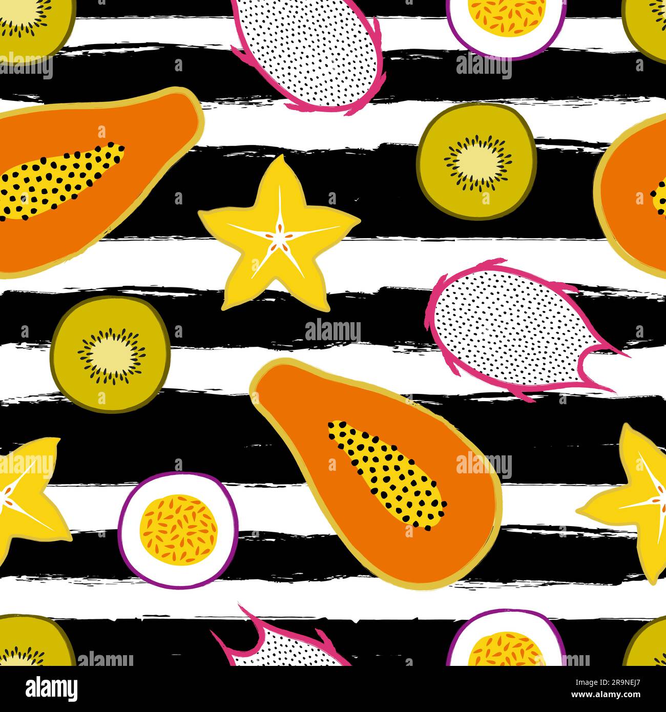 Motif vectoriel tropical sans couture avec rayures et fruits exotiques tranchés : papaye, kiwi, pitaya, carambola, fruit de la passion. Design été tendance pour texti Illustration de Vecteur