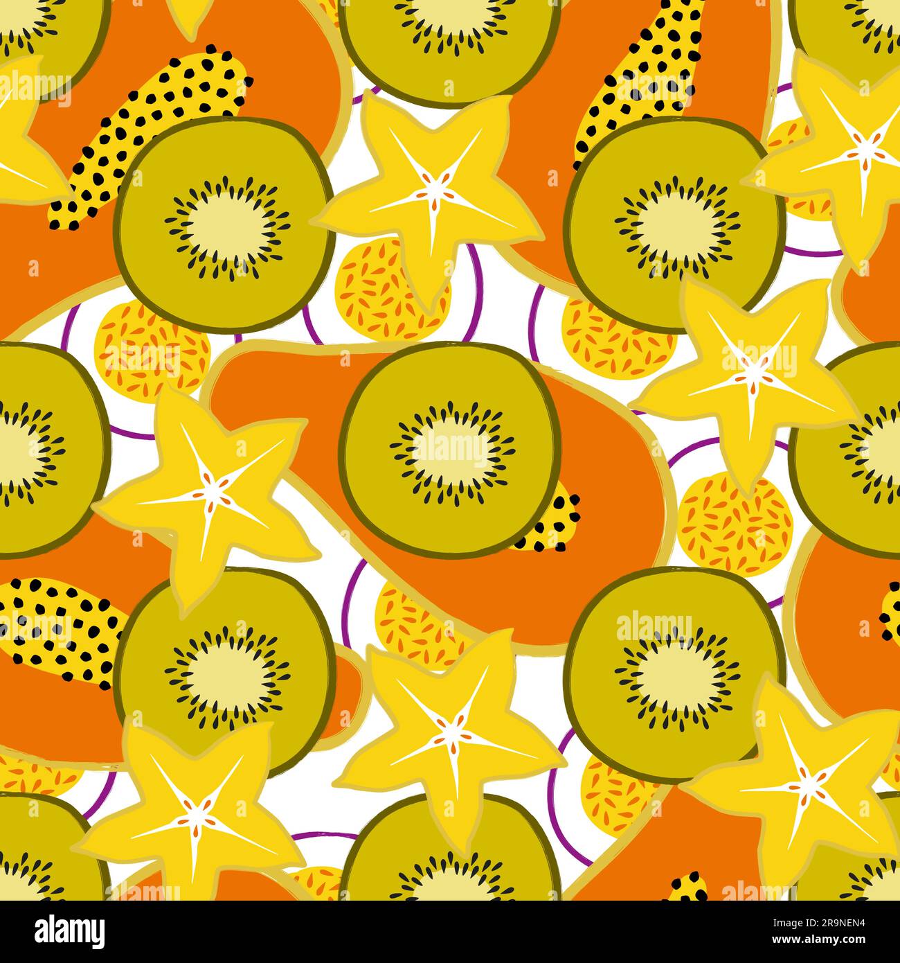 Motif vectoriel tropical sans couture avec fruits exotiques tranchés : papaye, kiwi, carambola, fruit de la passion. Design tendance pour l'été pour le textile, l'affiche, la bannière Illustration de Vecteur