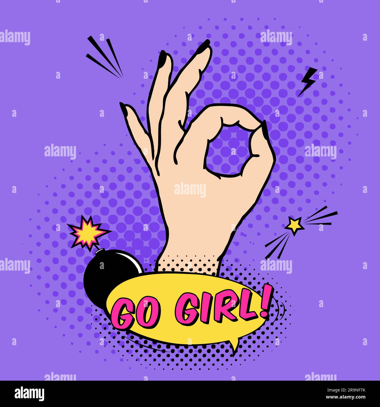 Illustration vectorielle du geste OK de la fille en style pop art comique. Écriteau sur le thème des droits et de la solidarité des femmes, le concept du féminisme Illustration de Vecteur