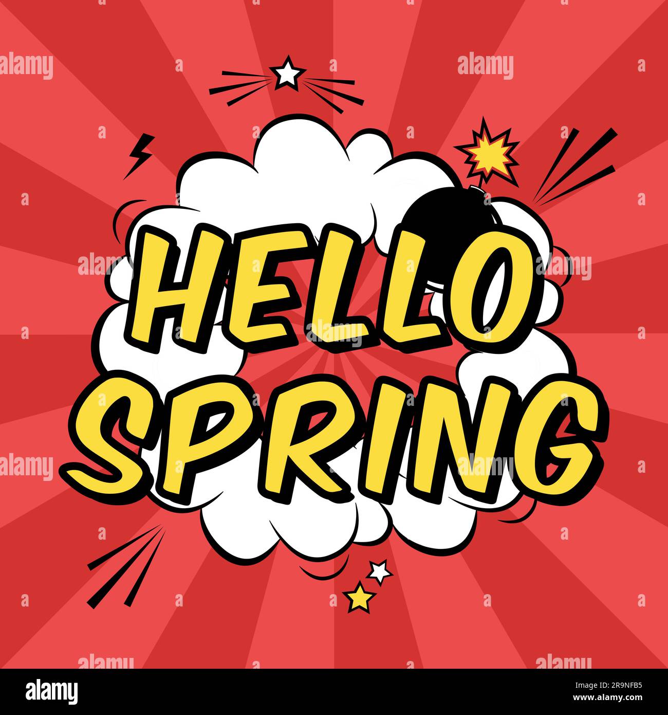 Illustration vectorielle pop art colorée avec phrase Hello Spring. Modèle décoratif avec explosion de nuages et de bombes dans le style comique moderne. Illustration de Vecteur