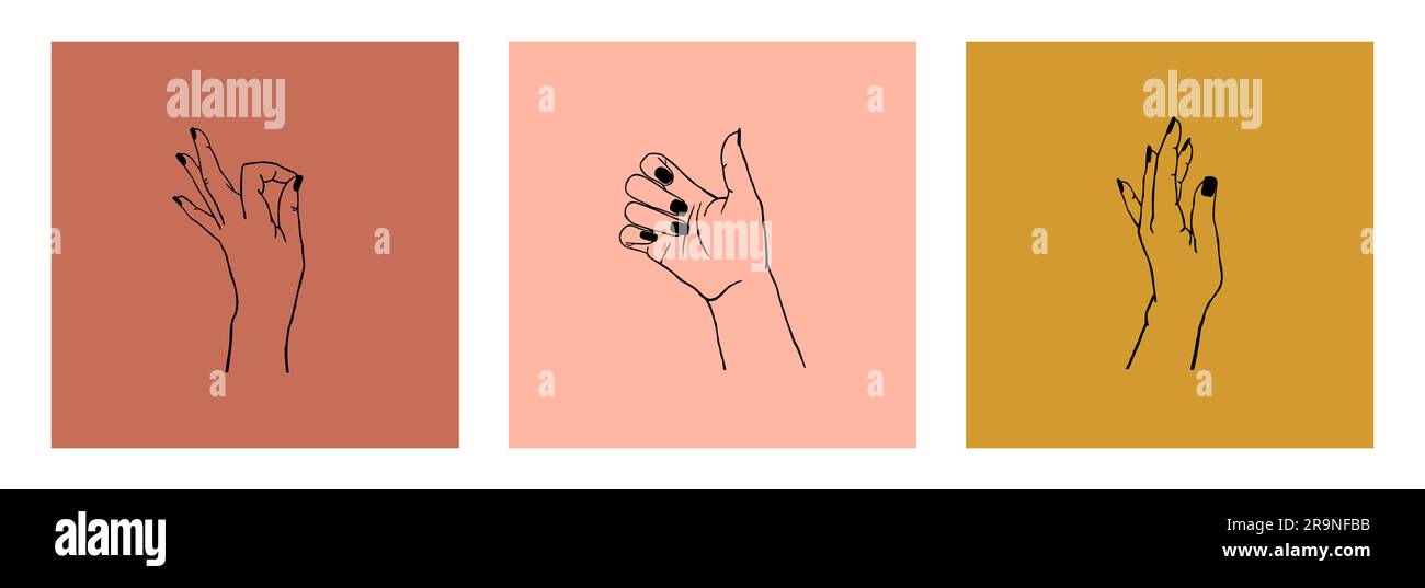 Ensemble vectoriel de cartes avec différents gestes isolés. Collection de mains de femmes dans différentes positions pour le logo, l'emblème, la marque Illustration de Vecteur