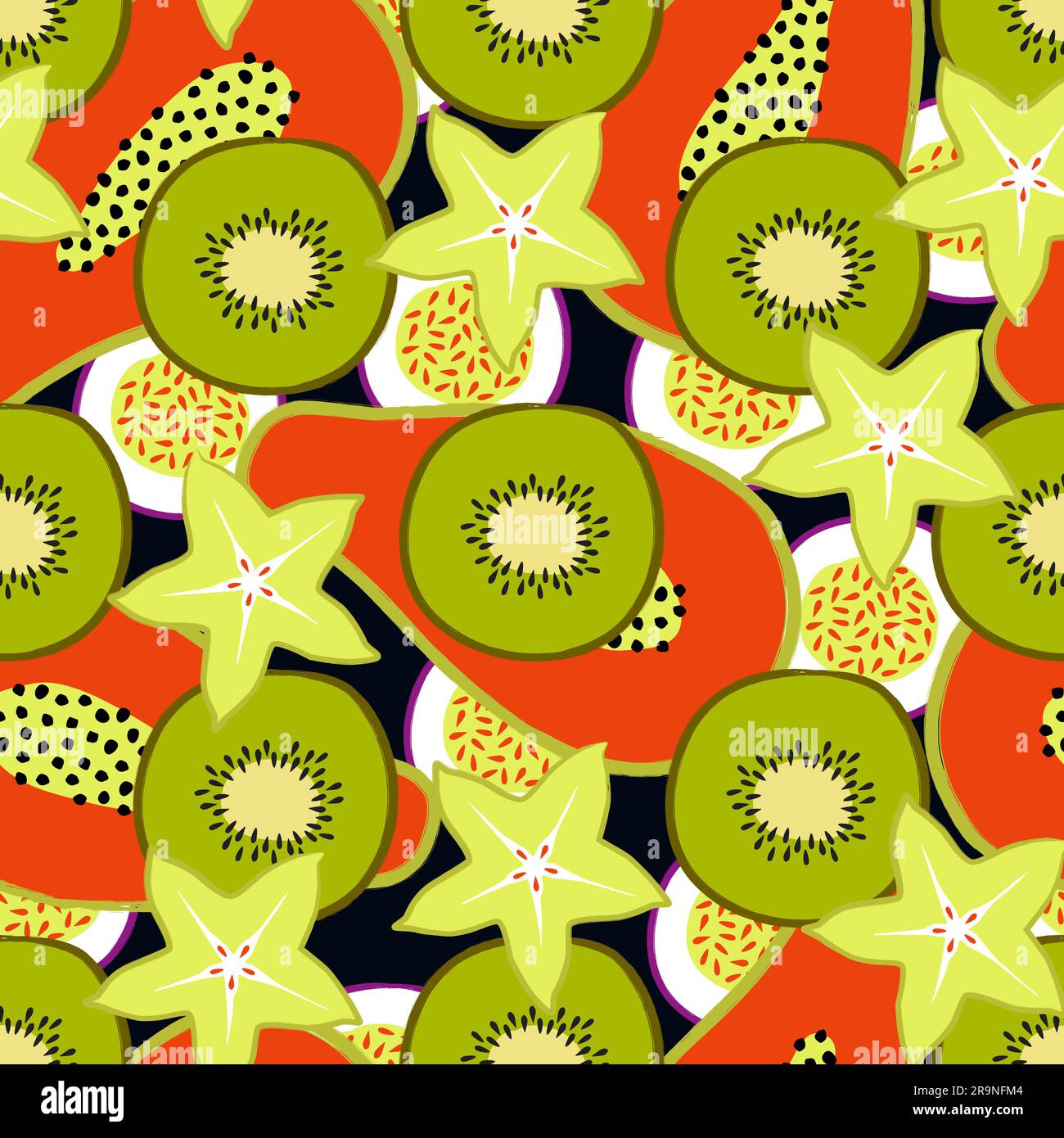 Motif vectoriel tropical sans couture avec fruits exotiques tranchés : papaye, kiwi, carambola, fruit de la passion. Design tendance pour l'été pour le textile, l'affiche, la bannière Illustration de Vecteur