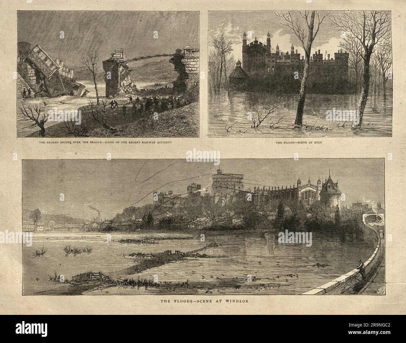 Vieux journal victorien page, 1870s, chemin de fer accident Pont au-dessus de la Brague, inondations et Eton et Windsor Banque D'Images